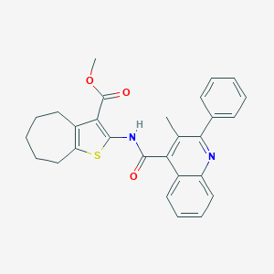 molecular formula C28H26N2O3S B330223 methyl 2-{[(3-methyl-2-phenyl-4-quinolinyl)carbonyl]amino}-5,6,7,8-tetrahydro-4H-cyclohepta[b]thiophene-3-carboxylate 