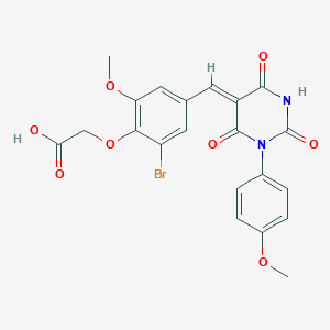 molecular formula C21H17BrN2O8 B330266 (2-bromo-6-methoxy-4-{(Z)-[1-(4-methoxyphenyl)-2,4,6-trioxotetrahydropyrimidin-5(2H)-ylidene]methyl}phenoxy)acetic acid 