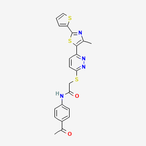 molecular formula C22H18N4O2S3 B3303460 N-(4-acetylphenyl)-2-((6-(4-methyl-2-(thiophen-2-yl)thiazol-5-yl)pyridazin-3-yl)thio)acetamide CAS No. 920441-10-7