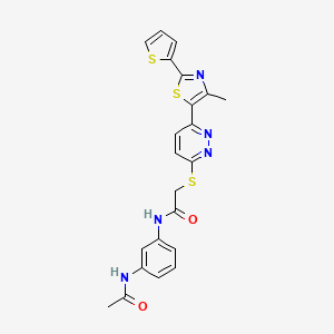 molecular formula C22H19N5O2S3 B3303618 N-(3-acetamidophenyl)-2-((6-(4-methyl-2-(thiophen-2-yl)thiazol-5-yl)pyridazin-3-yl)thio)acetamide CAS No. 921100-89-2