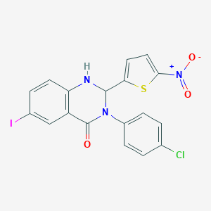 molecular formula C18H11ClIN3O3S B330363 3-(4-chlorophenyl)-2-{5-nitro-2-thienyl}-6-iodo-2,3-dihydro-4(1H)-quinazolinone 