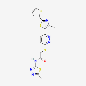 molecular formula C17H14N6OS4 B3303632 N-(5-methyl-1,3,4-thiadiazol-2-yl)-2-((6-(4-methyl-2-(thiophen-2-yl)thiazol-5-yl)pyridazin-3-yl)thio)acetamide CAS No. 921122-56-7
