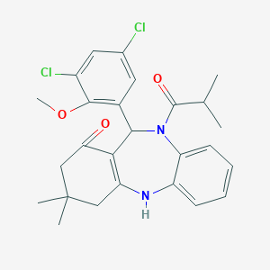 molecular formula C26H28Cl2N2O3 B330427 6-(3,5-Dichloro-2-methoxy-phenyl)-9,9-dimethyl-5-(2-methylpropanoyl)-6,8,10,11-tetrahydrobenzo[b][1,4]benzodiazepin-7-one 