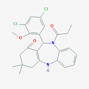 molecular formula C25H26Cl2N2O3 B330431 6-(3,5-Dichloro-2-methoxy-phenyl)-9,9-dimethyl-5-propanoyl-6,8,10,11-tetrahydrobenzo[b][1,4]benzodiazepin-7-one 