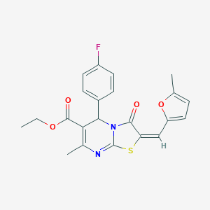 molecular formula C22H19FN2O4S B330446 ethyl 5-(4-fluorophenyl)-7-methyl-2-[(5-methyl-2-furyl)methylene]-3-oxo-2,3-dihydro-5H-[1,3]thiazolo[3,2-a]pyrimidine-6-carboxylate 