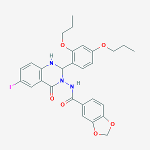 molecular formula C28H28IN3O6 B330454 N-(2-(2,4-dipropoxyphenyl)-6-iodo-4-oxo-1,4-dihydro-3(2H)-quinazolinyl)-1,3-benzodioxole-5-carboxamide 