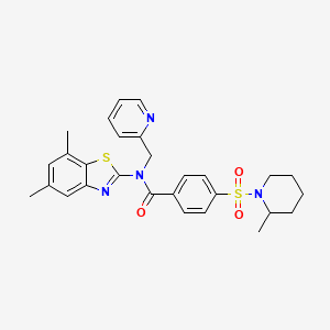molecular formula C28H30N4O3S2 B3305277 N-(5,7-dimethylbenzo[d]thiazol-2-yl)-4-((2-methylpiperidin-1-yl)sulfonyl)-N-(pyridin-2-ylmethyl)benzamide CAS No. 922987-79-9