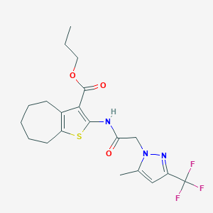 molecular formula C20H24F3N3O3S B330530 propyl 2-({[5-methyl-3-(trifluoromethyl)-1H-pyrazol-1-yl]acetyl}amino)-5,6,7,8-tetrahydro-4H-cyclohepta[b]thiophene-3-carboxylate 