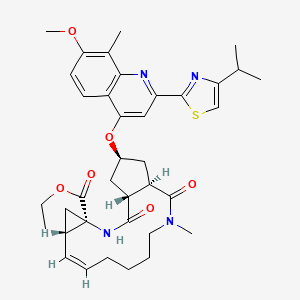 molecular formula C37H46N4O6S B3305682 Cyclopenta[c]cyclopropa[g][1,6]diazacyclotetradecine-12a(1H)-carboxylic acid, 2,3,3a,4,5,6,7,8,9,11a,12,13,14,14a-tetradecahydro-2-[[7-methoxy-8-methyl-2-[4-(1-methylethyl)-2-thiazolyl]-4-quinolinyl]oxy]-5-methyl-4,14-dioxo-, ethyl ester, (2R,3aR,10Z,11aS,12aR,14aR)- CAS No. 923604-57-3