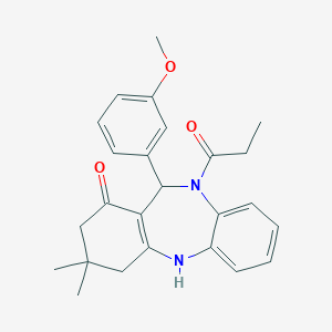 molecular formula C25H28N2O3 B330585 11-(3-methoxyphenyl)-3,3-dimethyl-10-propanoyl-2,3,4,5,10,11-hexahydro-1H-dibenzo[b,e][1,4]diazepin-1-one 