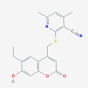 molecular formula C20H18N2O3S B3306835 2-(((6-ethyl-7-hydroxy-2-oxo-2H-chromen-4-yl)methyl)thio)-4,6-dimethylnicotinonitrile CAS No. 929512-52-7