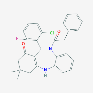 molecular formula C29H26ClFN2O2 B330708 6-(2-Chloro-6-fluoro-phenyl)-9,9-dimethyl-5-(2-phenylacetyl)-6,8,10,11-tetrahydrobenzo[b][1,4]benzodiazepin-7-one 