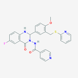 molecular formula C27H22IN5O3S B330723 N-(6-iodo-2-{4-methoxy-3-[(2-pyridinylsulfanyl)methyl]phenyl}-4-oxo-1,4-dihydro-3(2H)-quinazolinyl)isonicotinamide 