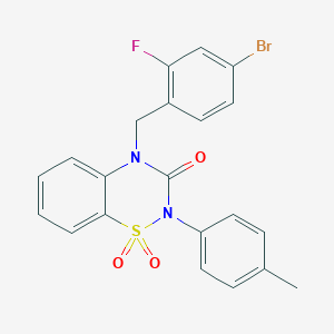 molecular formula C21H16BrFN2O3S B3307378 4-(4-bromo-2-fluorobenzyl)-2-(p-tolyl)-2H-benzo[e][1,2,4]thiadiazin-3(4H)-one 1,1-dioxide CAS No. 933022-41-4