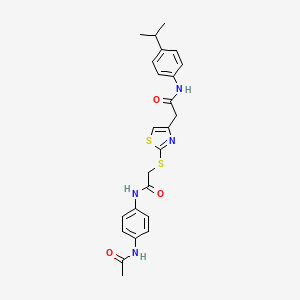 molecular formula C24H26N4O3S2 B3309308 N-(4-acetamidophenyl)-2-((4-(2-((4-isopropylphenyl)amino)-2-oxoethyl)thiazol-2-yl)thio)acetamide CAS No. 941937-30-0