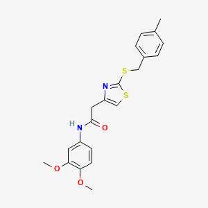 molecular formula C21H22N2O3S2 B3309507 N-(3,4-dimethoxyphenyl)-2-(2-((4-methylbenzyl)thio)thiazol-4-yl)acetamide CAS No. 941982-28-1