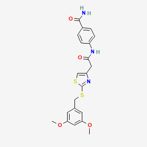 molecular formula C21H21N3O4S2 B3309603 4-(2-(2-((3,5-Dimethoxybenzyl)thio)thiazol-4-yl)acetamido)benzamide CAS No. 942001-84-5