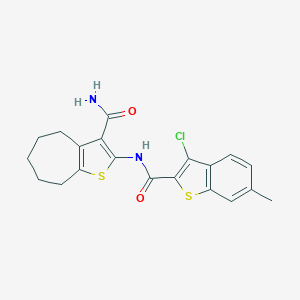 molecular formula C20H19ClN2O2S2 B330962 2-{[(3-chloro-6-methyl-1-benzothiophen-2-yl)carbonyl]amino}-5,6,7,8-tetrahydro-4H-cyclohepta[b]thiophene-3-carboxamide 