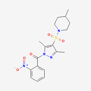 molecular formula C18H22N4O5S B3309774 1-{[3,5-dimethyl-1-(2-nitrobenzoyl)-1H-pyrazol-4-yl]sulfonyl}-4-methylpiperidine CAS No. 943104-46-9
