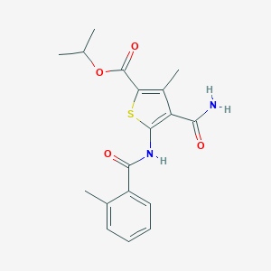 molecular formula C18H20N2O4S B331028 Isopropyl 4-(aminocarbonyl)-3-methyl-5-[(2-methylbenzoyl)amino]-2-thiophenecarboxylate 