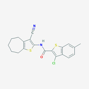 molecular formula C20H17ClN2OS2 B331075 3-chloro-N-(3-cyano-5,6,7,8-tetrahydro-4H-cyclohepta[b]thiophen-2-yl)-6-methyl-1-benzothiophene-2-carboxamide 