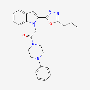 molecular formula C25H27N5O2 B3311308 1-(4-phenylpiperazin-1-yl)-2-(2-(5-propyl-1,3,4-oxadiazol-2-yl)-1H-indol-1-yl)ethanone CAS No. 946256-99-1