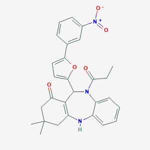 molecular formula C28H27N3O5 B331145 11-(5-{3-nitrophenyl}-2-furyl)-3,3-dimethyl-10-propionyl-2,3,4,5,10,11-hexahydro-1H-dibenzo[b,e][1,4]diazepin-1-one 