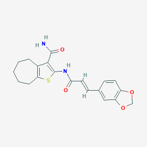 molecular formula C20H20N2O4S B331154 2-{[(2E)-3-(1,3-benzodioxol-5-yl)prop-2-enoyl]amino}-5,6,7,8-tetrahydro-4H-cyclohepta[b]thiophene-3-carboxamide 