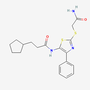 molecular formula C19H23N3O2S2 B3311552 N-(2-((2-amino-2-oxoethyl)thio)-4-phenylthiazol-5-yl)-3-cyclopentylpropanamide CAS No. 946271-21-2