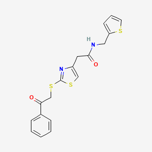 molecular formula C18H16N2O2S3 B3311895 2-(2-((2-oxo-2-phenylethyl)thio)thiazol-4-yl)-N-(thiophen-2-ylmethyl)acetamide CAS No. 946277-53-8