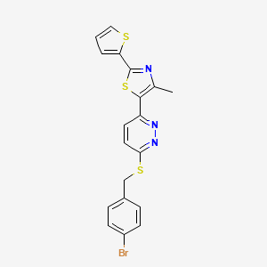 molecular formula C19H14BrN3S3 B3311910 5-(6-((4-Bromobenzyl)thio)pyridazin-3-yl)-4-methyl-2-(thiophen-2-yl)thiazole CAS No. 946277-60-7