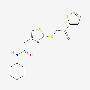 molecular formula C17H20N2O2S3 B3312355 N-cyclohexyl-2-(2-((2-oxo-2-(thiophen-2-yl)ethyl)thio)thiazol-4-yl)acetamide CAS No. 946307-55-7
