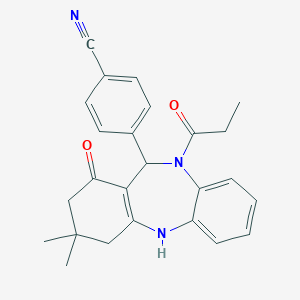 molecular formula C25H25N3O2 B331237 4-(3,3-dimethyl-1-oxo-10-propionyl-2,3,4,5,10,11-hexahydro-1H-dibenzo[b,e][1,4]diazepin-11-yl)benzonitrile 