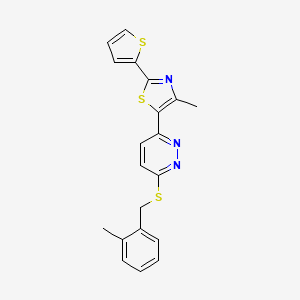 molecular formula C20H17N3S3 B3312376 4-Methyl-5-(6-((2-methylbenzyl)thio)pyridazin-3-yl)-2-(thiophen-2-yl)thiazole CAS No. 946310-23-2