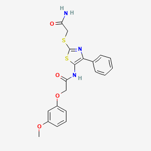 molecular formula C20H19N3O4S2 B3312682 N-(2-((2-amino-2-oxoethyl)thio)-4-phenylthiazol-5-yl)-2-(3-methoxyphenoxy)acetamide CAS No. 946327-39-5