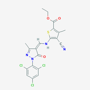 molecular formula C20H15Cl3N4O3S B331288 ethyl 4-cyano-3-methyl-5-[[(Z)-[3-methyl-5-oxo-1-(2,4,6-trichlorophenyl)pyrazol-4-ylidene]methyl]amino]thiophene-2-carboxylate 