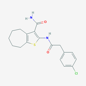 molecular formula C18H19ClN2O2S B331322 2-{[(4-chlorophenyl)acetyl]amino}-5,6,7,8-tetrahydro-4H-cyclohepta[b]thiophene-3-carboxamide 