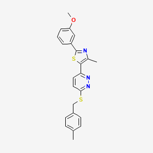 molecular formula C23H21N3OS2 B3313369 2-(3-Methoxyphenyl)-4-methyl-5-(6-((4-methylbenzyl)thio)pyridazin-3-yl)thiazole CAS No. 946360-40-3