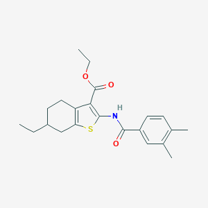 molecular formula C22H27NO3S B331350 Ethyl 2-[(3,4-dimethylbenzoyl)amino]-6-ethyl-4,5,6,7-tetrahydro-1-benzothiophene-3-carboxylate 