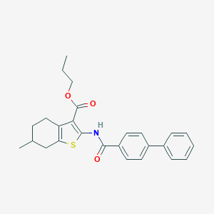 molecular formula C26H27NO3S B331359 Propyl 2-[(biphenyl-4-ylcarbonyl)amino]-6-methyl-4,5,6,7-tetrahydro-1-benzothiophene-3-carboxylate 