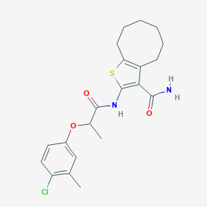 molecular formula C21H25ClN2O3S B331374 2-{[2-(4-Chloro-3-methylphenoxy)propanoyl]amino}-4,5,6,7,8,9-hexahydrocycloocta[b]thiophene-3-carboxamide 