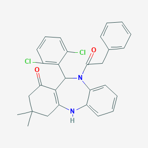 molecular formula C29H26Cl2N2O2 B331375 6-(2,6-Dichlorophenyl)-9,9-dimethyl-5-(2-phenylacetyl)-6,8,10,11-tetrahydrobenzo[b][1,4]benzodiazepin-7-one 