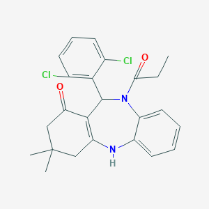 molecular formula C24H24Cl2N2O2 B331400 6-(2,6-Dichlorophenyl)-9,9-dimethyl-5-propanoyl-6,8,10,11-tetrahydrobenzo[b][1,4]benzodiazepin-7-one 
