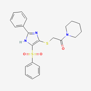 molecular formula C22H23N3O3S2 B3314189 1-({[2-phenyl-4-(phenylsulfonyl)-1H-imidazol-5-yl]thio}acetyl)piperidine CAS No. 950351-59-4