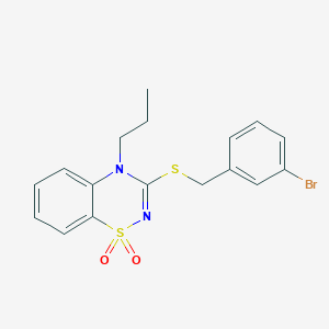 molecular formula C17H17BrN2O2S2 B3314216 3-((3-bromobenzyl)thio)-4-propyl-4H-benzo[e][1,2,4]thiadiazine 1,1-dioxide CAS No. 950454-13-4