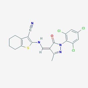 molecular formula C20H15Cl3N4OS B331430 2-[[(Z)-[3-methyl-5-oxo-1-(2,4,6-trichlorophenyl)pyrazol-4-ylidene]methyl]amino]-4,5,6,7-tetrahydro-1-benzothiophene-3-carbonitrile 