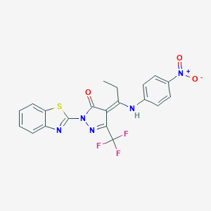 molecular formula C20H14F3N5O3S B331458 (4E)-2-(1,3-benzothiazol-2-yl)-4-[1-(4-nitroanilino)propylidene]-5-(trifluoromethyl)pyrazol-3-one 