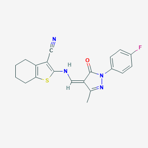 molecular formula C20H17FN4OS B331479 2-[[(Z)-[1-(4-fluorophenyl)-3-methyl-5-oxopyrazol-4-ylidene]methyl]amino]-4,5,6,7-tetrahydro-1-benzothiophene-3-carbonitrile 
