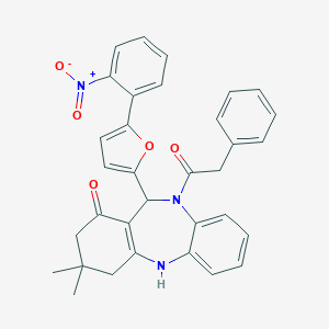molecular formula C33H29N3O5 B331494 11-(5-{2-nitrophenyl}-2-furyl)-3,3-dimethyl-10-(phenylacetyl)-2,3,4,5,10,11-hexahydro-1H-dibenzo[b,e][1,4]diazepin-1-one 