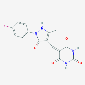 molecular formula C15H11FN4O4 B331507 5-[[2-(4-fluorophenyl)-5-methyl-3-oxo-1H-pyrazol-4-yl]methylidene]-1,3-diazinane-2,4,6-trione 